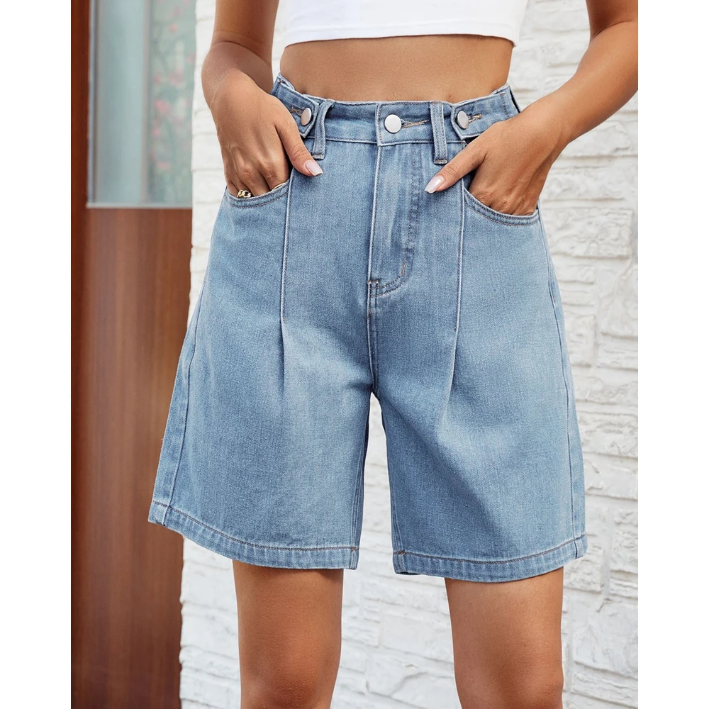 Summer Women Washed Waist Adjustable Denim Pants Femme Fashion Ruched Five Quarter Straight Leg Jeans Short Pants With Pockets