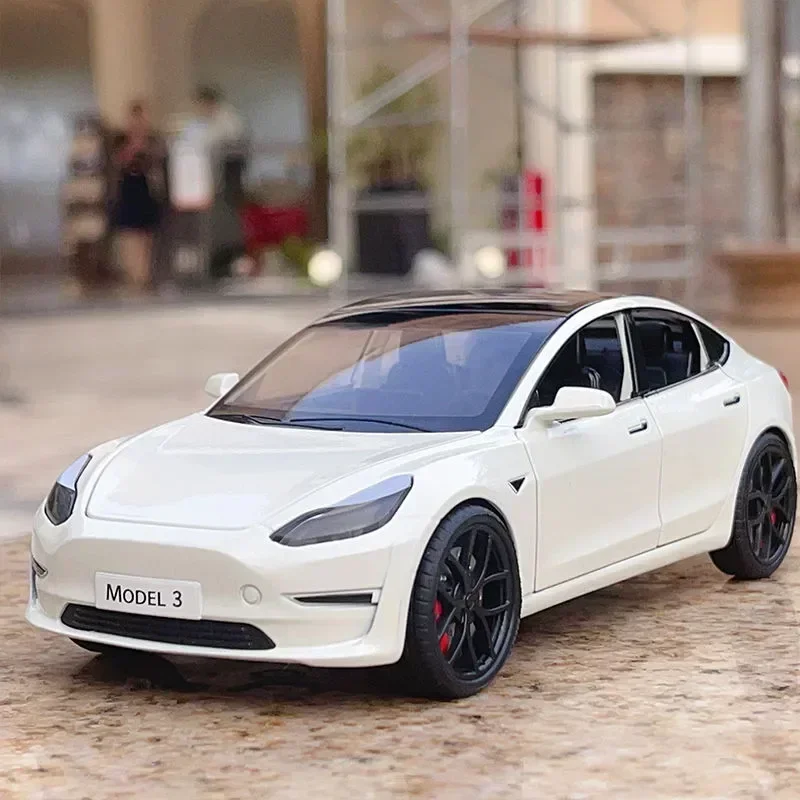 1:24 T Model 3 Legierung Automodell Druckguss Metall Spielzeugfahrzeuge Automodell mit Simuliertem Sound und Licht Sammlerstück Kindergeschenke