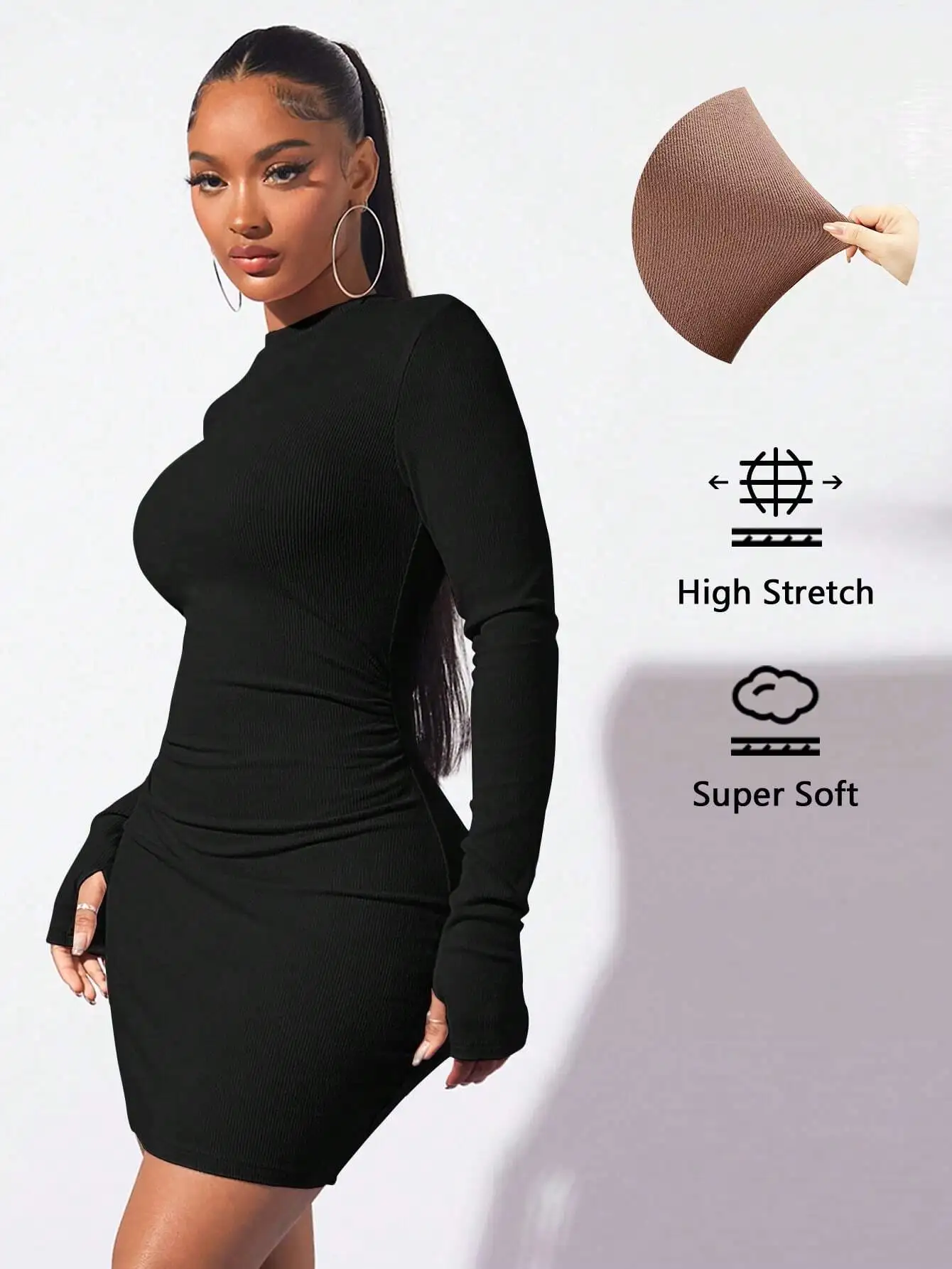 

Черное облегающее мини-платье с высоким воротником, длинными рукавами и драпировкой