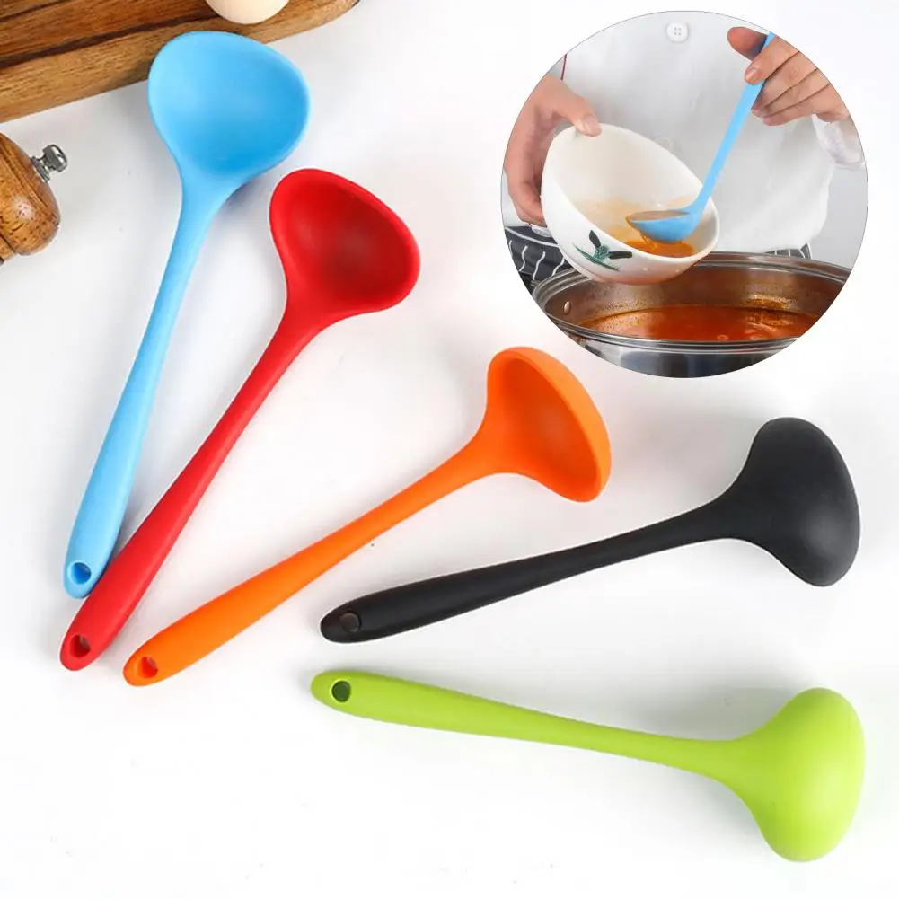 20cm Silicone Soup Spoon Long Handle Hanging Hole Spoon Mixing Scoop Serving Stirring Cooking Baking Gadget Kitchen Accessories