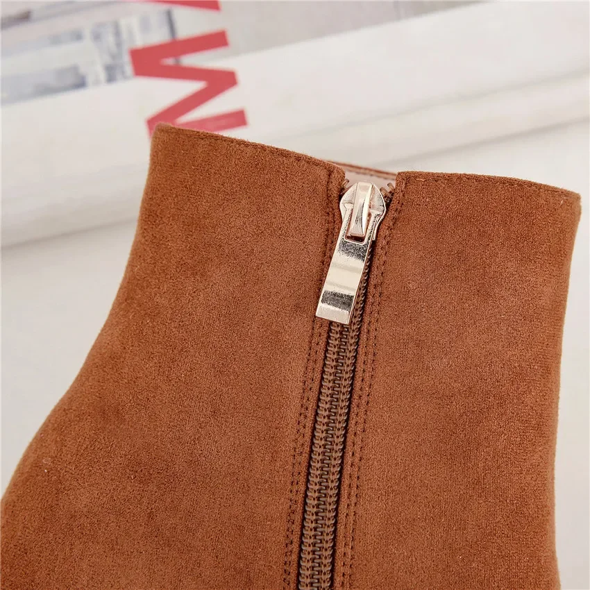 Big Size Winter Women Ankle Boots Black Brown Flock High Block Heel Pointed Toe Party Office Lady Plush Zipper Dress Short Boots