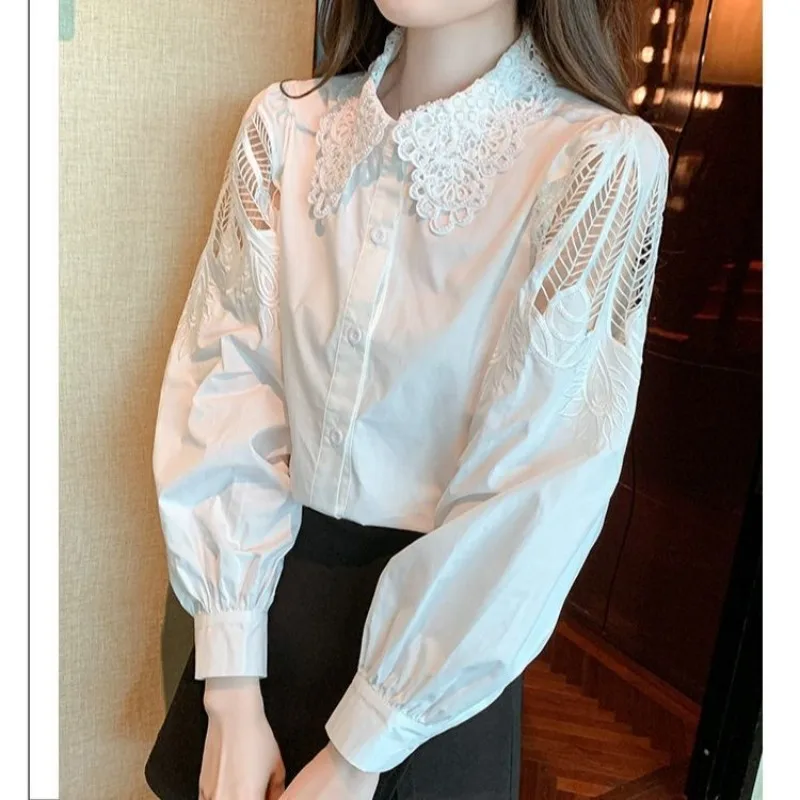 

Женская белая блузка с кружевным воротником, длинными рукавами, ажурной вышивкой и пуговицами, для офиса и повседневной носки