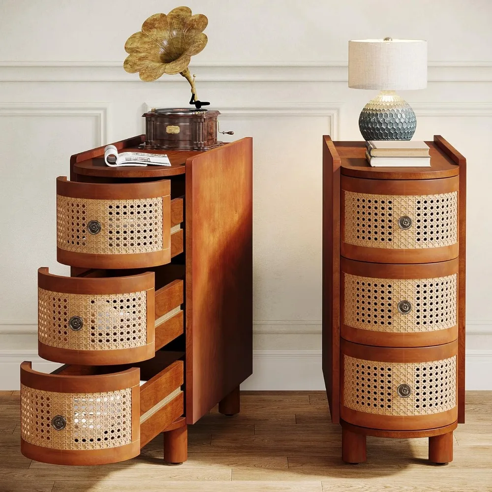 Vine ベッドサイドテーブル、頑丈な構造、多機能、レトロなエンボスハンドル付き、ウォールナットとオークのベッドサイドテーブル