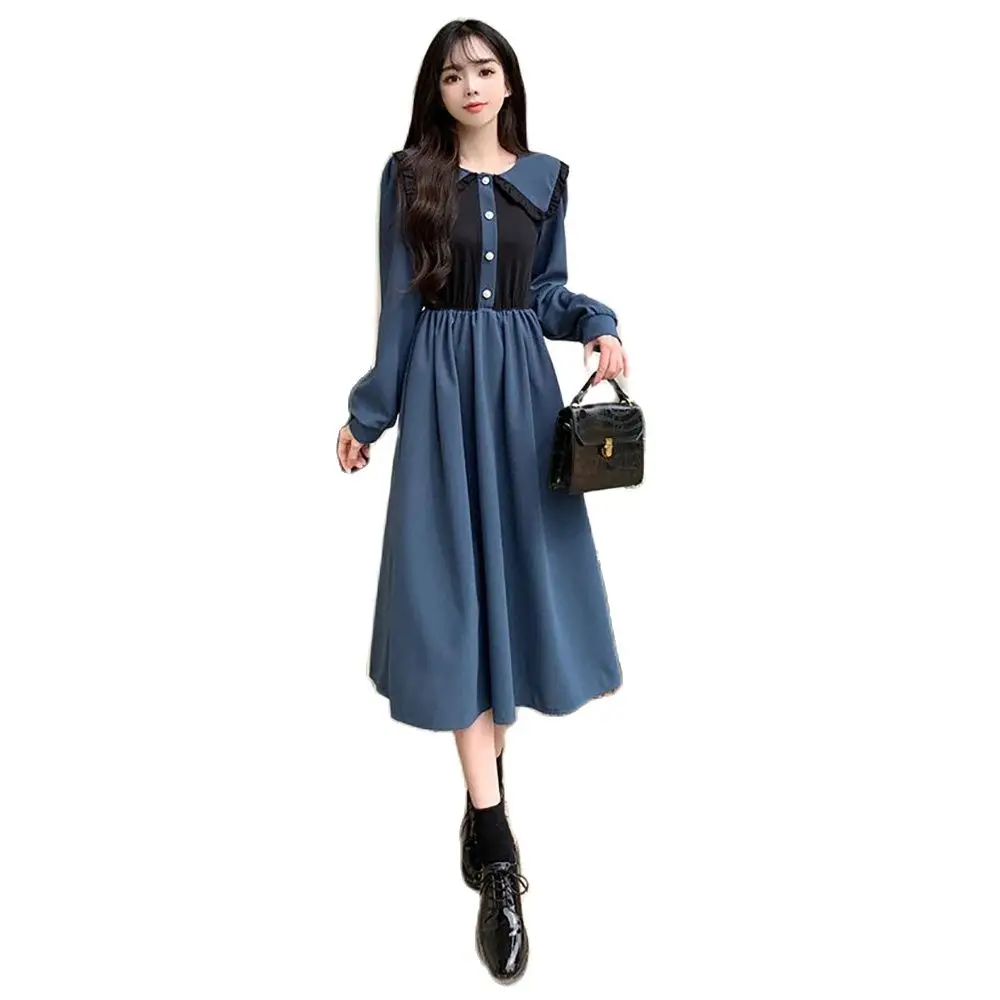 

Spring And Autumn New Korean Women's Long-sleeved Stitching Dress Hepburn Wind Joker Long Skirt Pure Wind Fake Two-piece Suit.