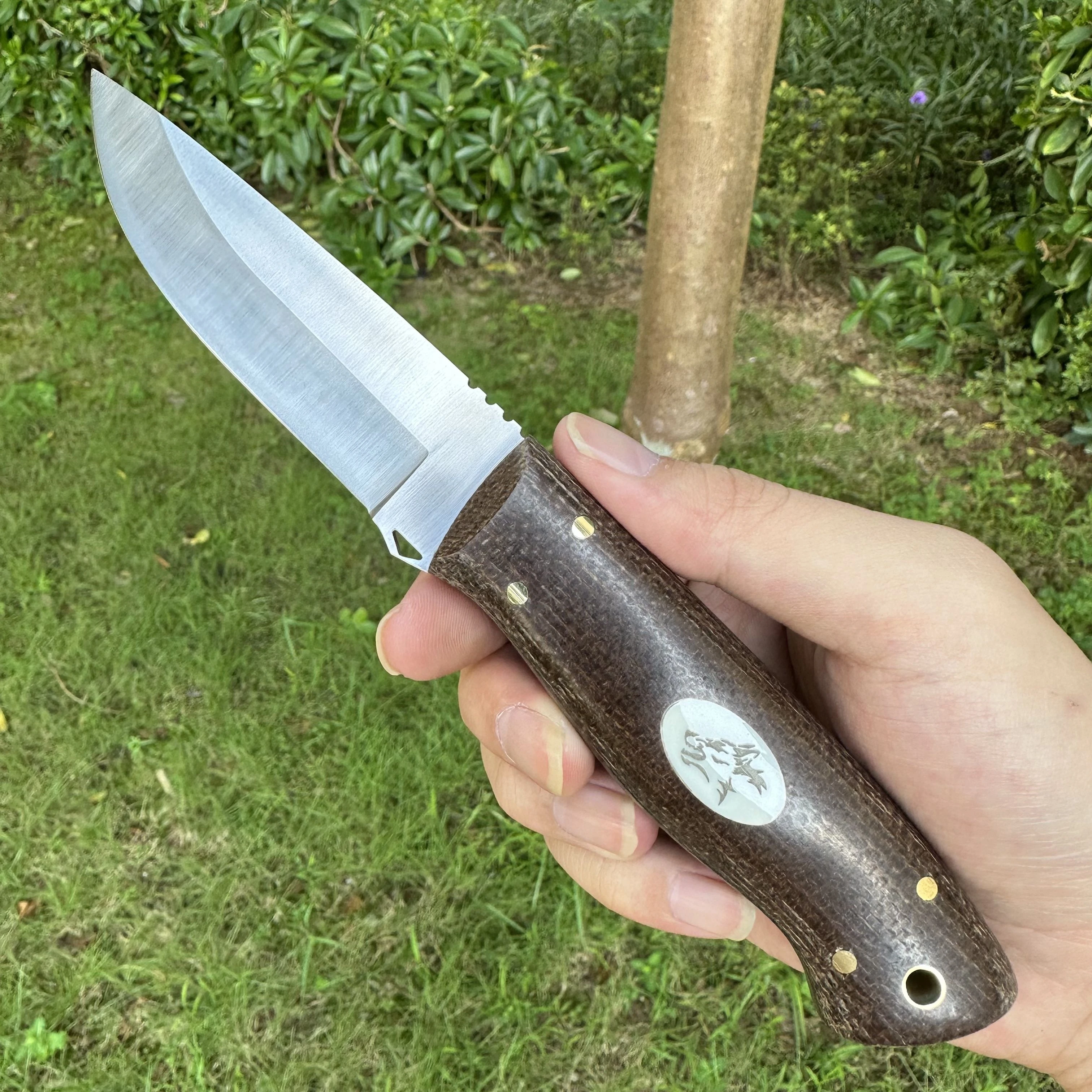 Topwell Handmade Fixed Knife Hard Sandvik Steel Blade Micarta Handle Inlaid Ox Bone First layer Leather Sheath Outdoor NK1317