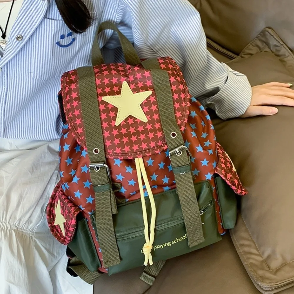 Zaino Lucky Star carino di grande capacità Zaino stile coreano Y2K con coulisse Borsa da campeggio per escursionismo multitasche in nylon Studenti