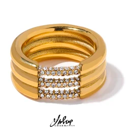 Yhpup New Unique Layered Geometric Stainless Steel Cubic Zirconia Ring High Quality Metal Texture Trendy Fashion Jewelry Women