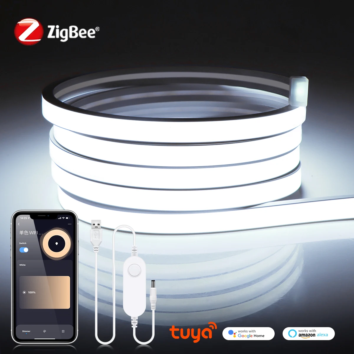 Smart ZigBee 3.0 USB 5V COB LED Strip Neon Light Work with Tuya HUB Bridge Echo Plus APP/Alexa Voice Control Ambiance TV Lights