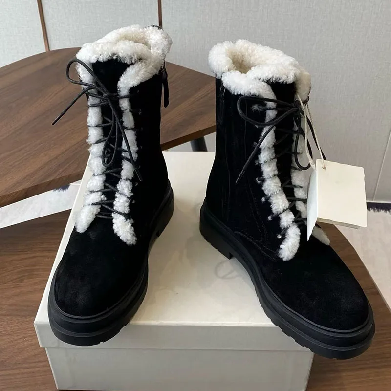 

Короткие зимние ботинки из коровьей замши с плюшевой подкладкой, женские короткие ботинки с круглым носком на шнуровке и толстой подошвой, зимние теплые нескользящие ботильоны