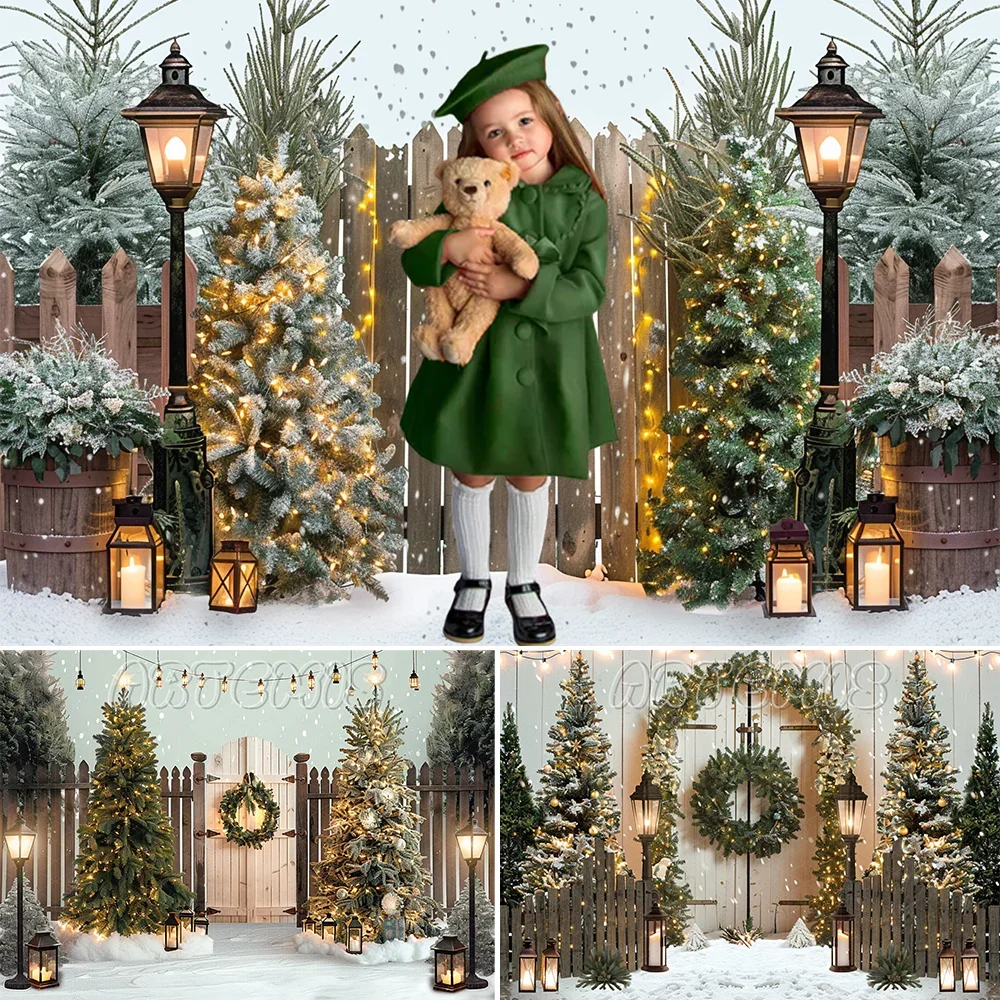 Winter Christmas Photography Backdrop Street Lamps Christmas Trees Snow Wooden Fence Wreath Background Photo Studio Photo-call