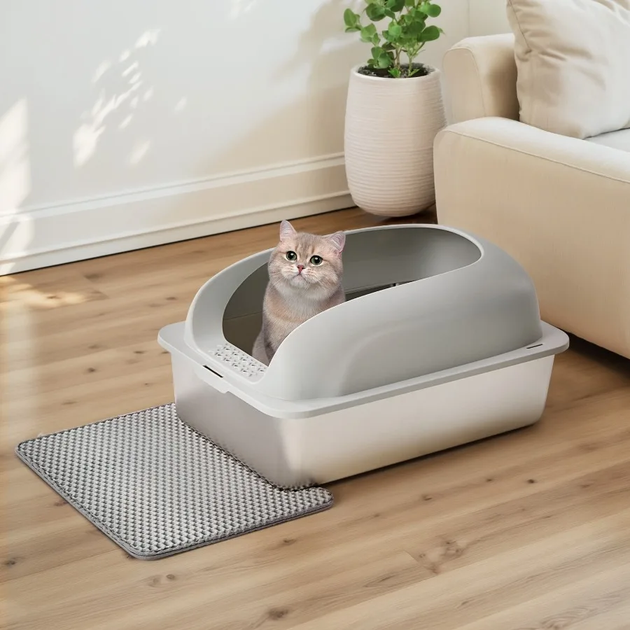 Extra Large Stainless Steel Cat Litter Box with Lid High Wall Enclosure Non-Stick and Leak-Proof Metal Tray Easy to Clean Light