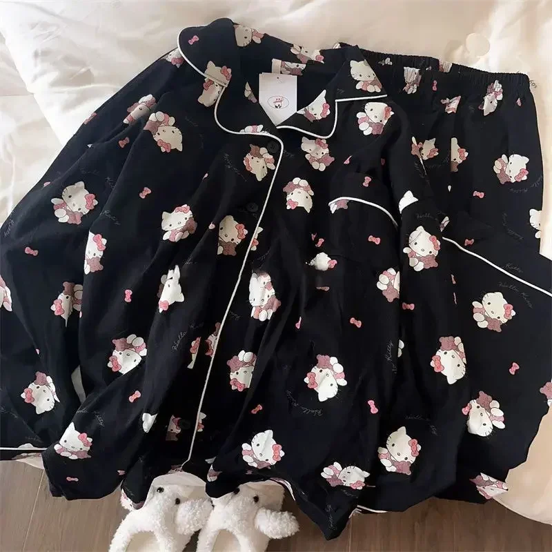 Sanrio Hello Kitty Pyjama Mannen Kuromi Paar Pyjama Herfst Winter Cartoon Animatie Mannen Vrouwen Lange Mouwen Warme Huiskleding Pak