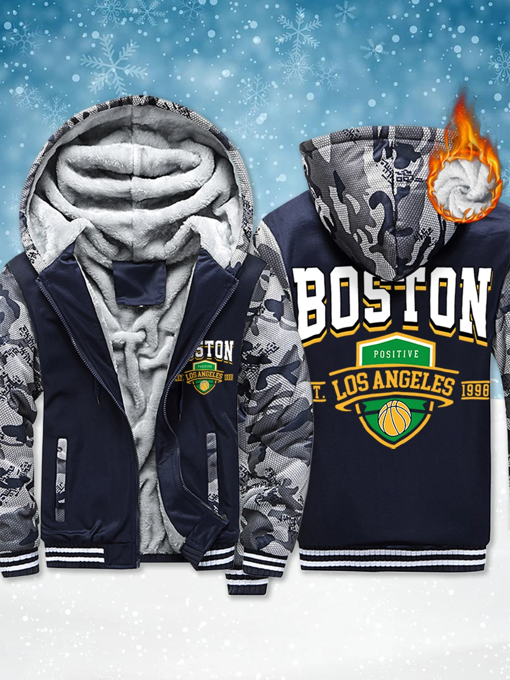 

Boston Positive Basketball Prints Mens Thicken Coats Winter Fleece Warm Zipper Jackets Windproof Thermal Outerwear Male Tops