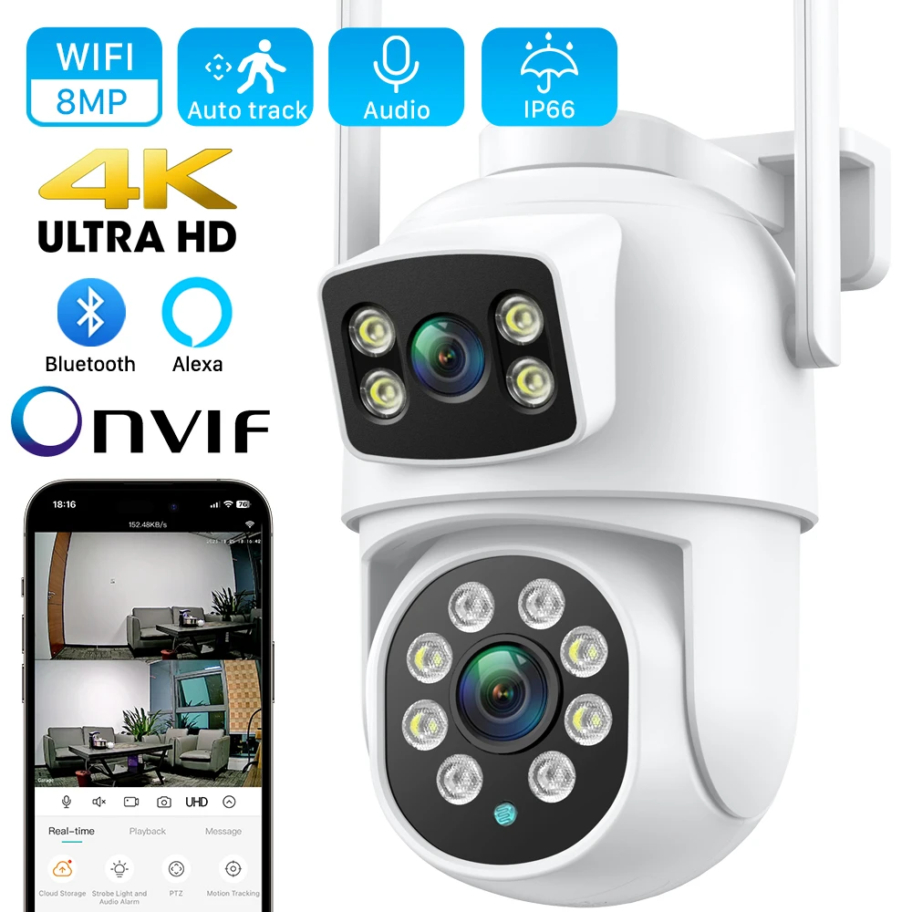 

4K 8MP PTZ Wifi Camera HD 4MP Dual Lens AI Auto Tracking Outdoor CCTV Home Security IP Camera P2P ICSee App Wireless Camera