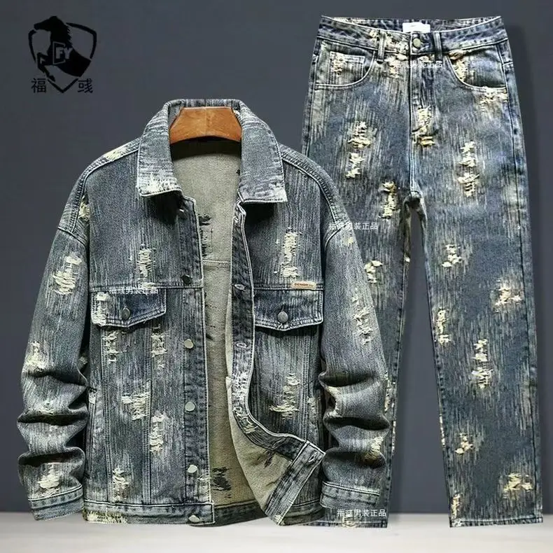 Primavera otoño nuevo conjunto de abrigos de mezclilla americanos pantalones vaqueros de vaquero retro clásicos conjuntos de dos piezas de moda prendas de vestir exteriores versátiles chaqueta Casual