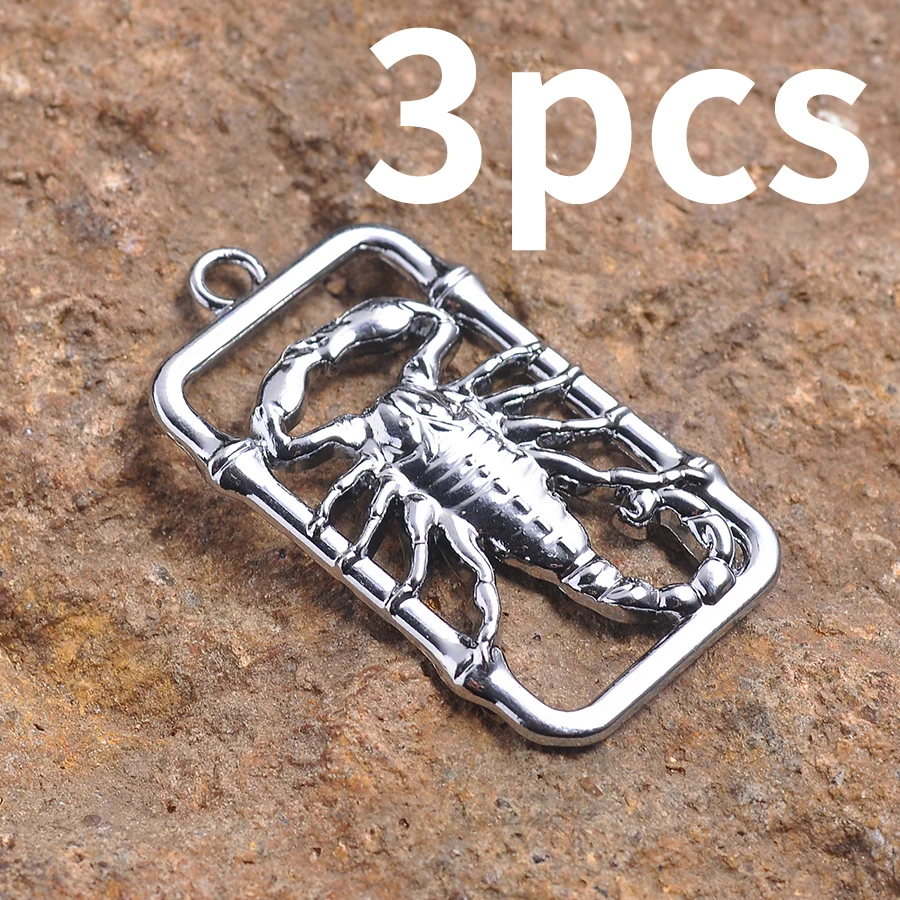 3-Piece Set of Unique Handmade Accessories, Rectangular Hollow Frame with Three-Dimensional Scorpion Design Pendants, Suitable for DIY Bracelets, Necklaces, Earrings, and Pendants, Niche DIY Jewelry Basic Materials