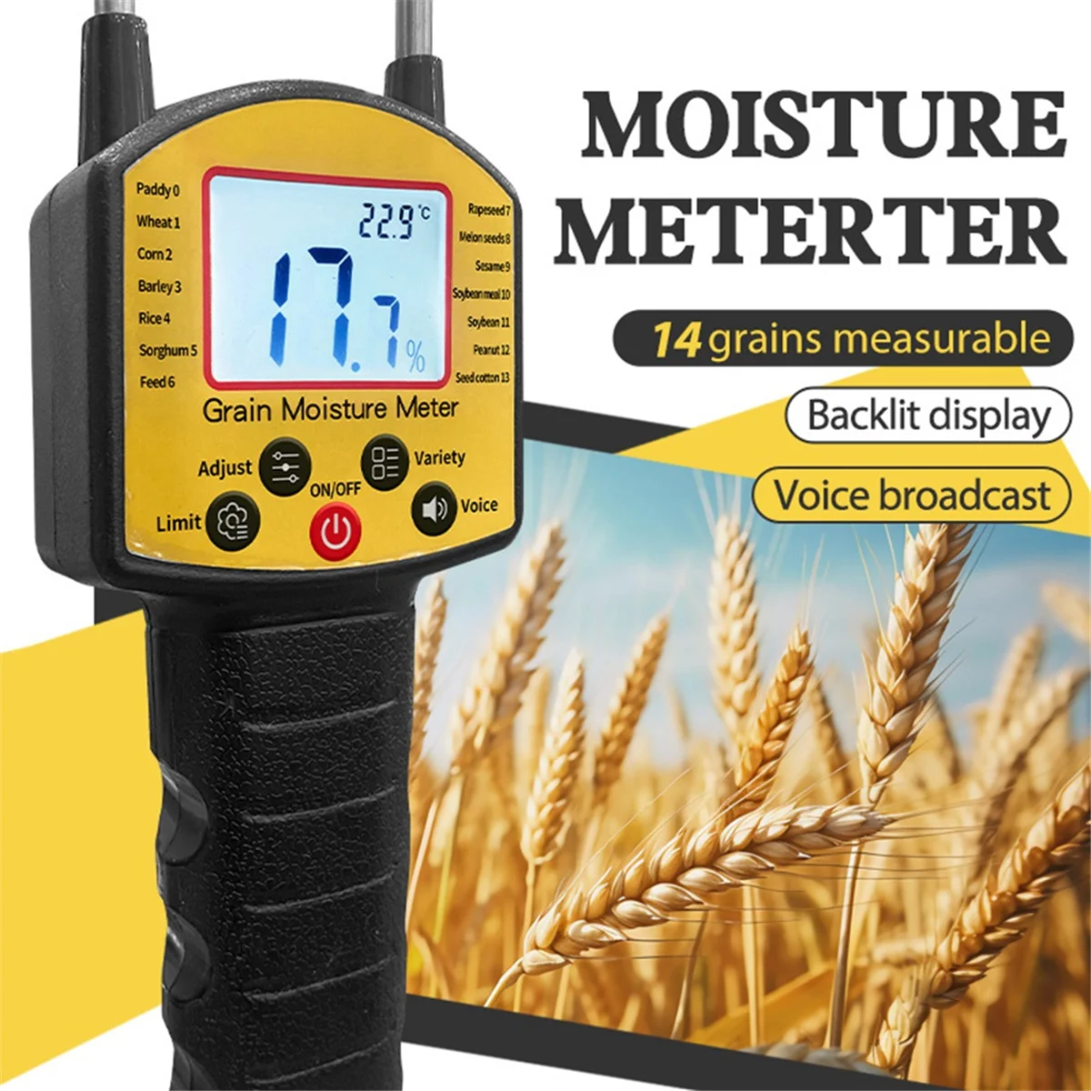 

A06K Digital Smart Grain Moisture Meter for 14 Grains Moisture Testing Wheat Corn Beans Rice Soybean Sorghum Peanut Sesame