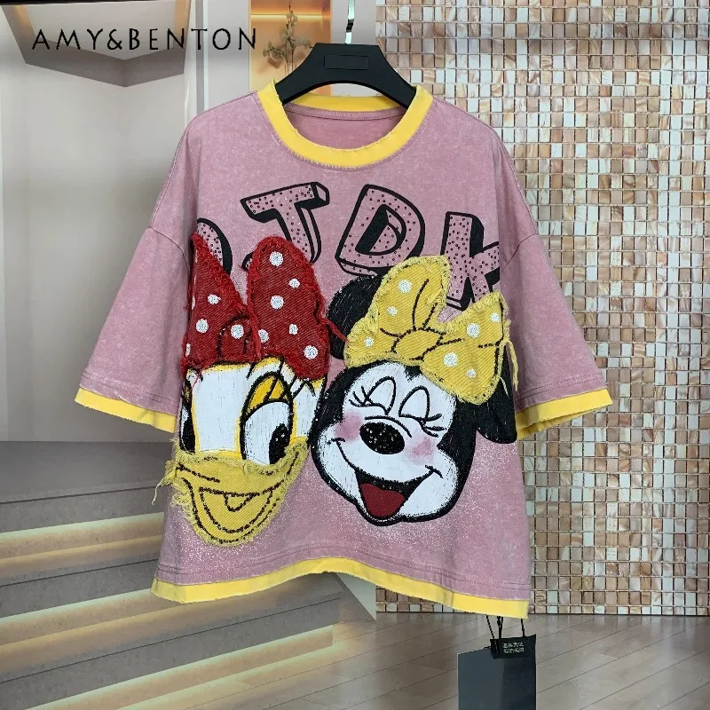 

Модная брендовая футболка Y2K для женщин: новинка весна-лето, с мультяшным принтом, свободного кроя, с коротким рукавом, омолаживающий эффект