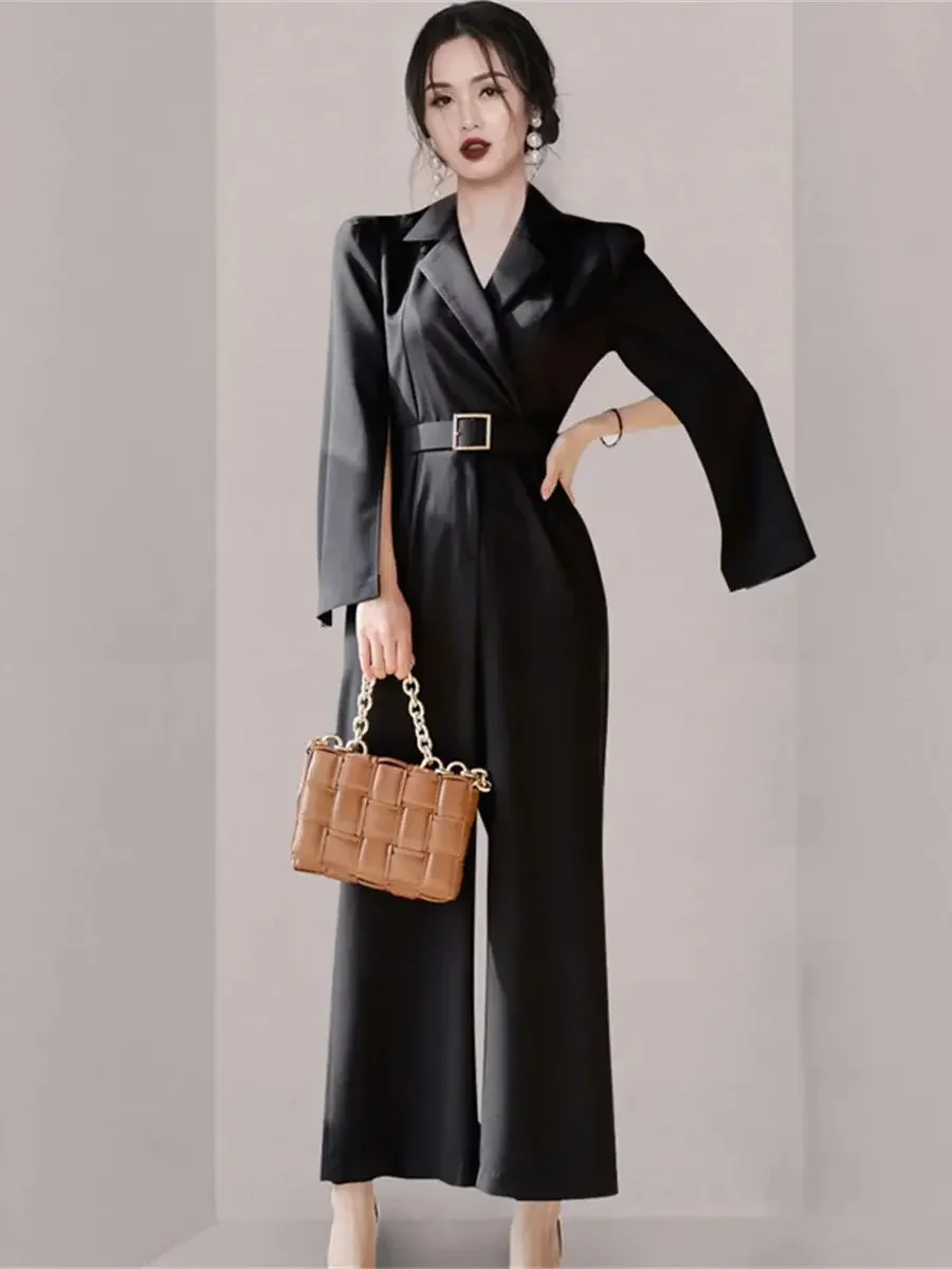 Elegant Autumn Business Jumpsuits Women Cape Sleeve Wide Leg Trousers Long Playsuits Casual Office High Waist Rompers