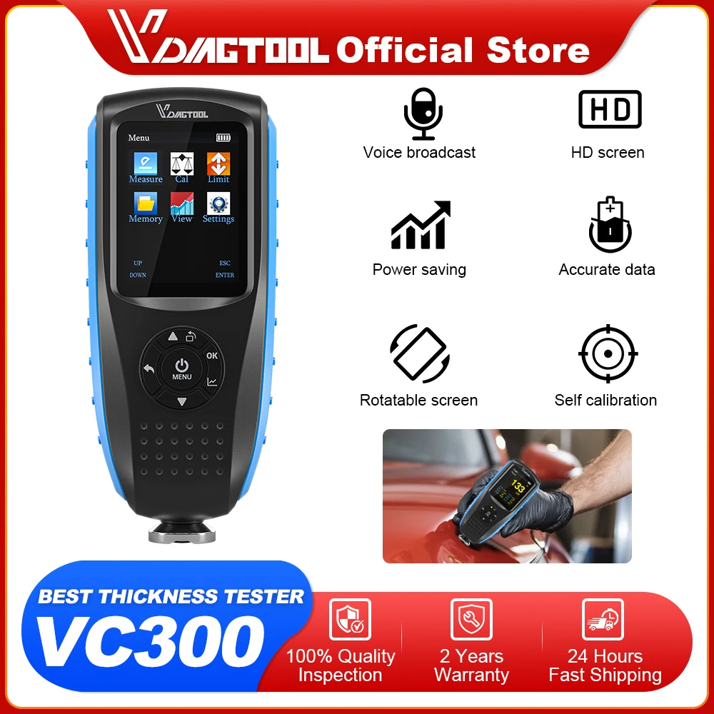 VDIAGTOOL VC300 Precise Coating Thickness Tester Rotated Screen USB Rechargeable Car Paint Gauge Self Calibration Coating Meter