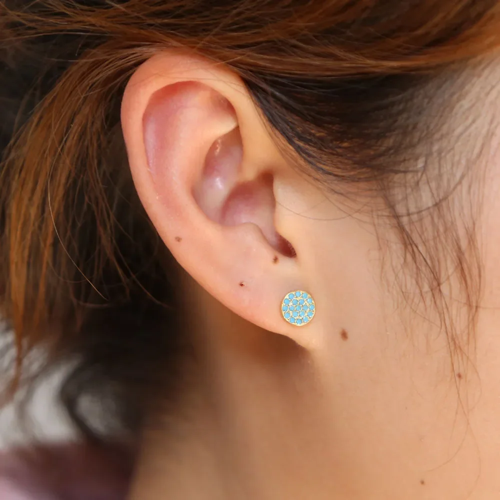 100% 925 sterling silver vermeil round dots pave nano turquoises stone simple fashion minimal gold color earring for girl