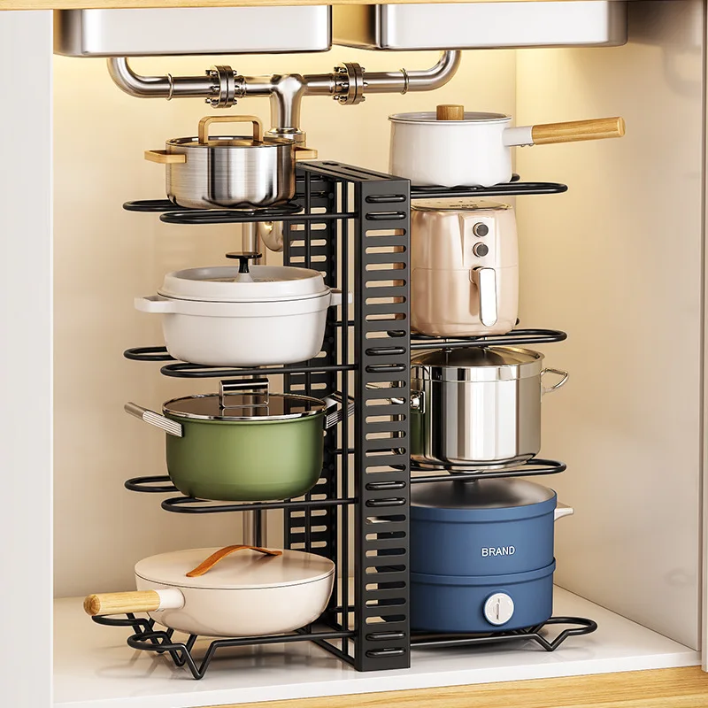 5/8-Tier Large Capacity Independent Pot Rack, Freely Adjustable, Baking Utensil Tray, Flat-Bottomed Kitchenware and Utensil Storage Rack, Fruit and Vegetable Rack, Space-Saving Freestanding Sink Rack, Black Double-Sided Pot Rack, High-Quality Materials - Sturdy and Durable