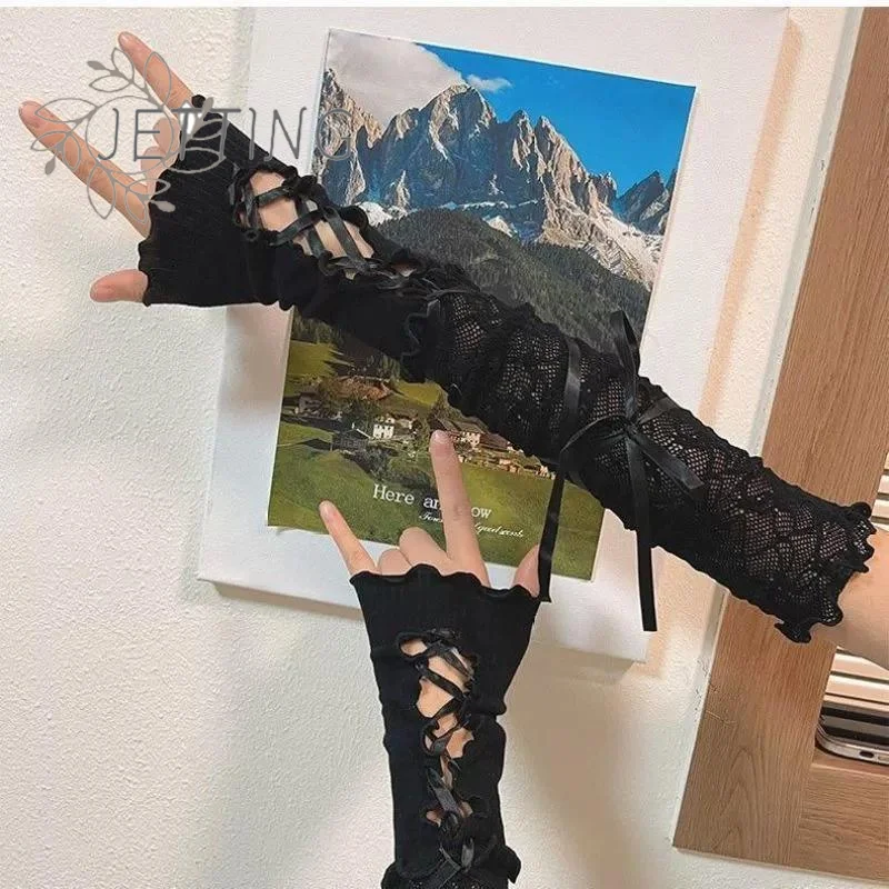 (SMTGDP11)Women Lace Fingerless Gloves Black Gothic DIY Strapping Sunscreen Sleeve Clothing Accessories Elastic Mesh Punk Gloves