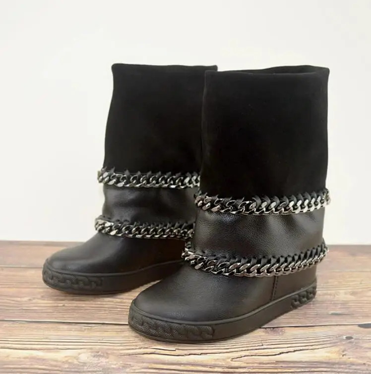 

Roman Double Metal Chains Braid Cow Leather Inner Wedge Boots Round Toe Hidden Increasing Sole Collar Down Mid Boots