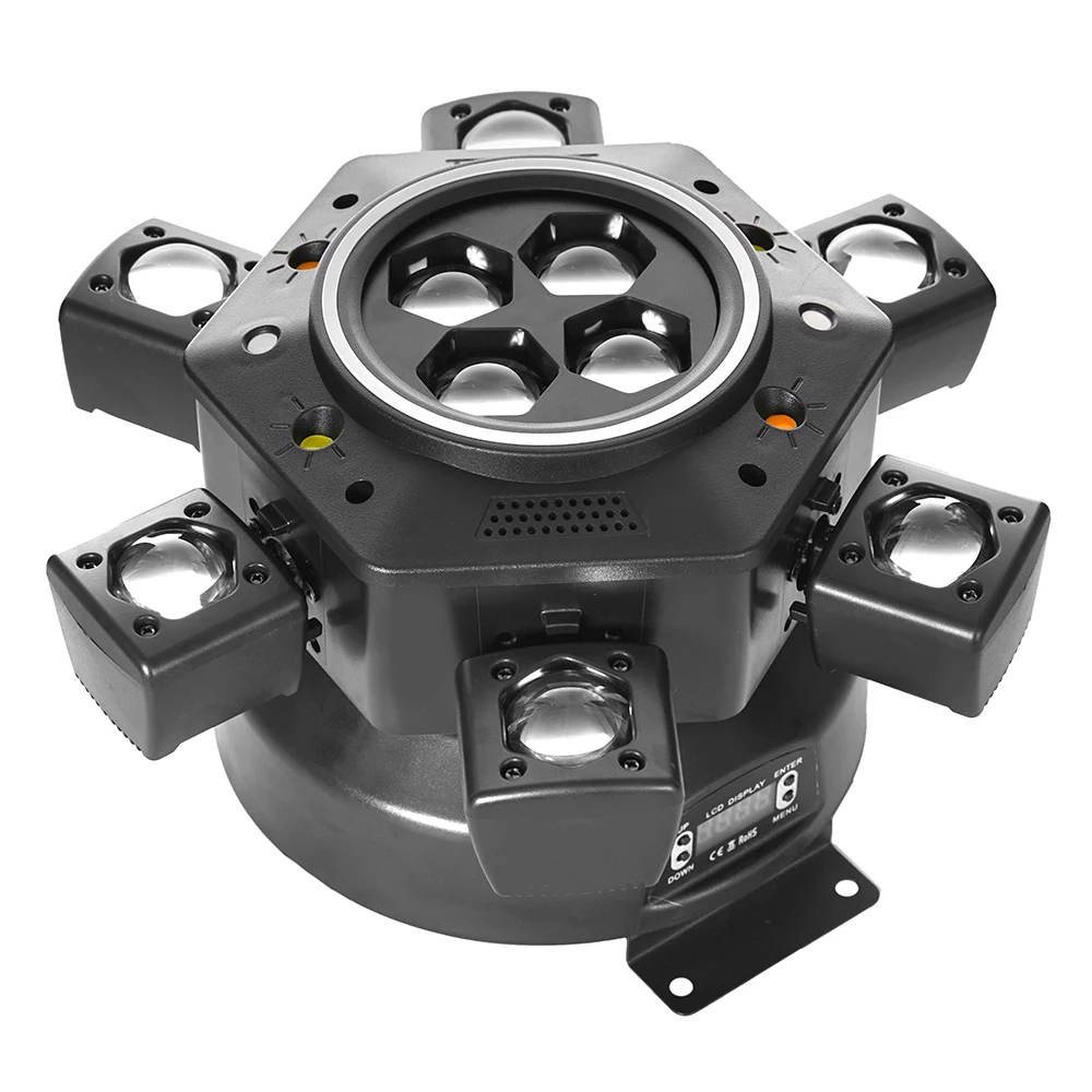 180w 6-Arm 디스코 빔 비 아이 회전 무대 조명 DMX512 RGBW 빔 + RG 레이저 + 흰색/따뜻한 흰색 플래시 + RGB 라이트 스트립