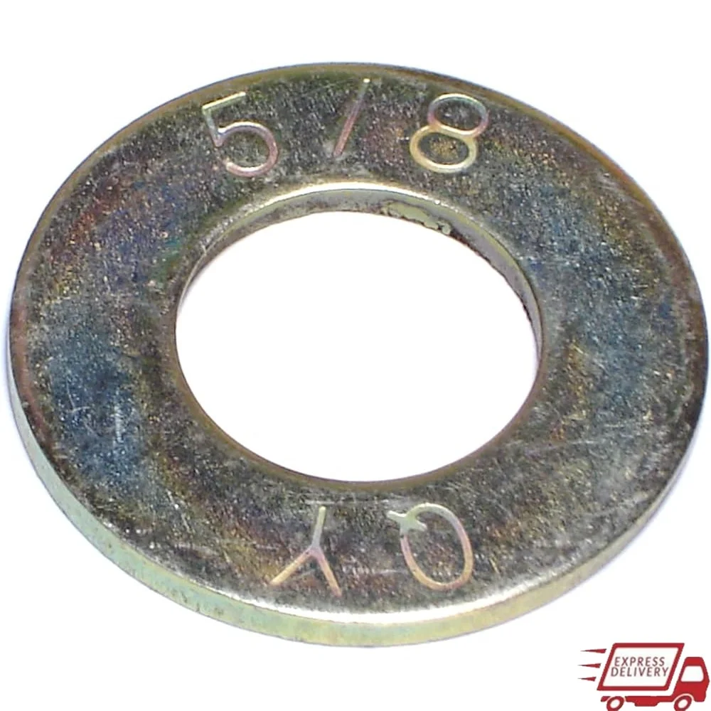 

Grade 8 SAE Flat Washers 5/8 Inch Steel Yellow Zinc Finish Durable Alloy Fasteners Heavy Duty Applications