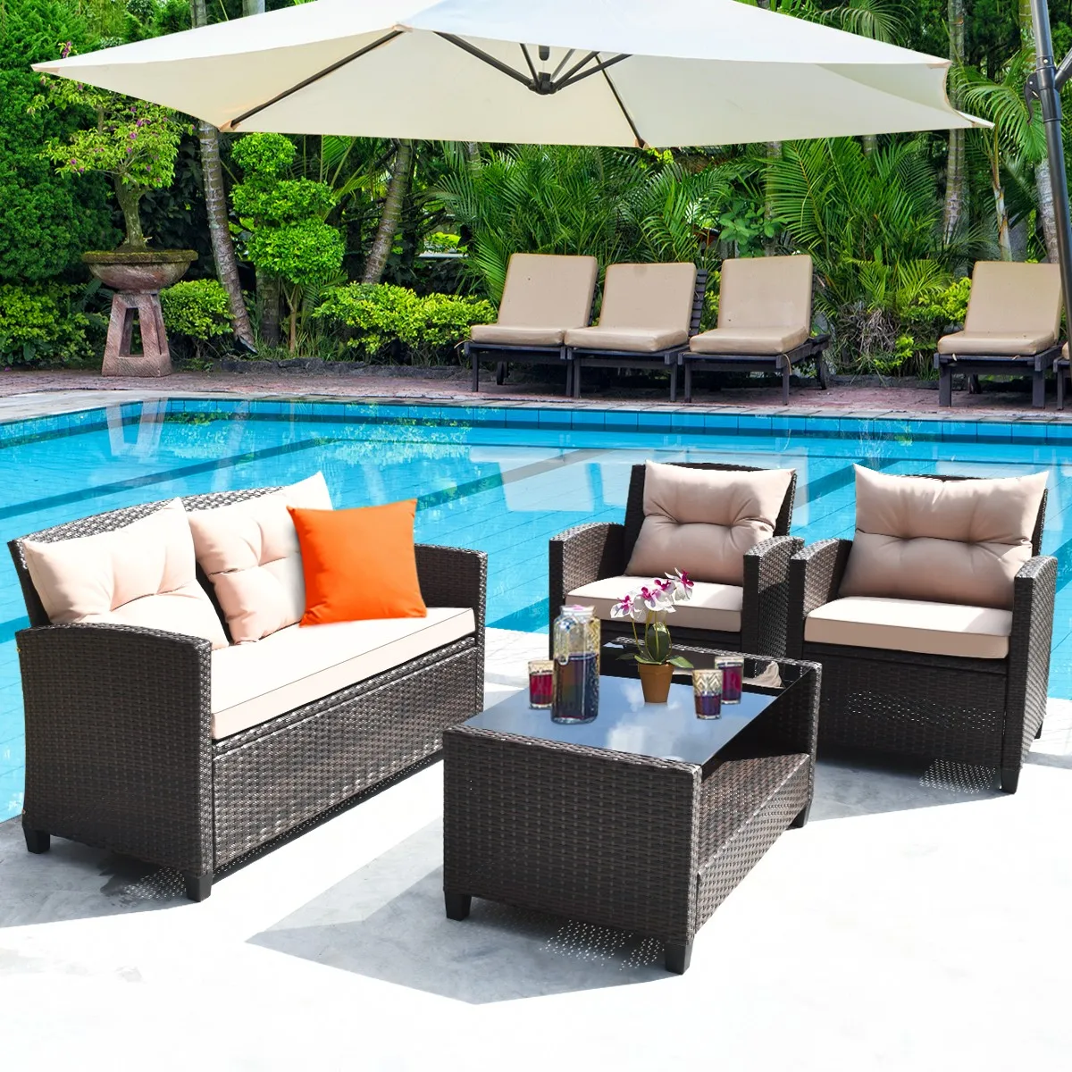 

4pcs Outdoor Rattan Furniture Set Cushioned Sofa w/Armrest Home