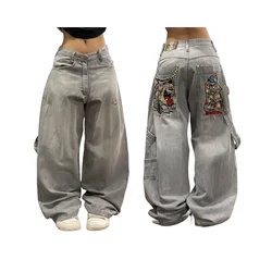 Jeans baggy taille haute brodés pour femmes, pantalons en denim gothiques, streetwear à motif vintage, vêtements de rue coréens, nouvelle mode coréenne, Y2K