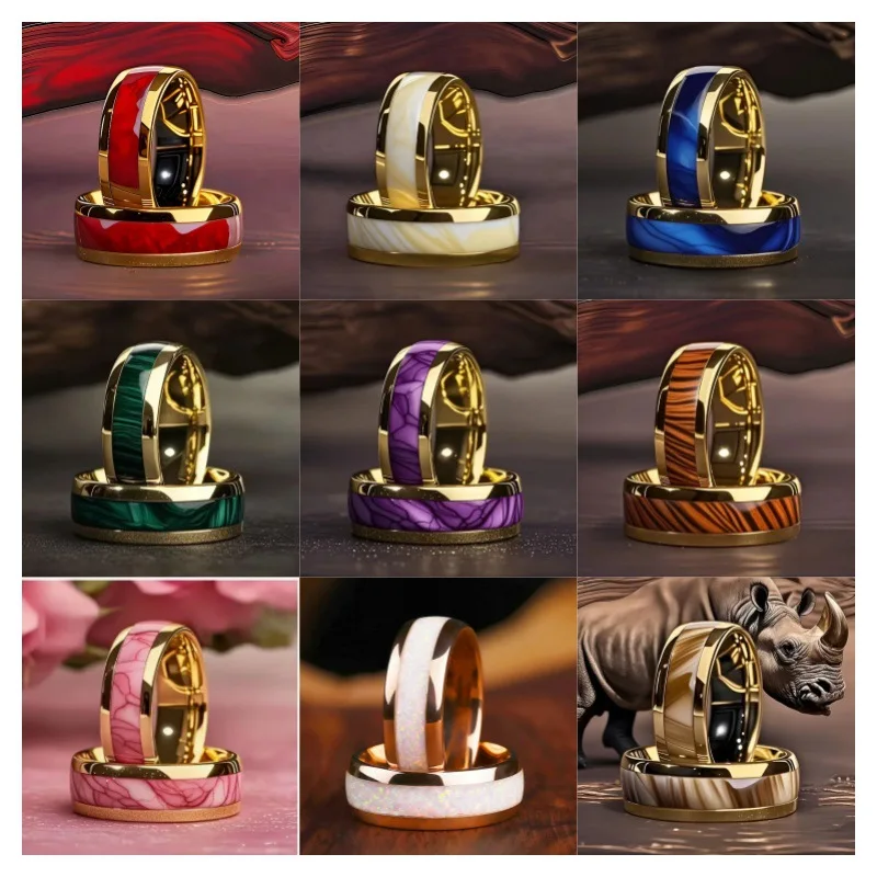 2025 New 8mm Men's Ring with Red Vein Pattern in 18K Gold Plated Stainless Steel