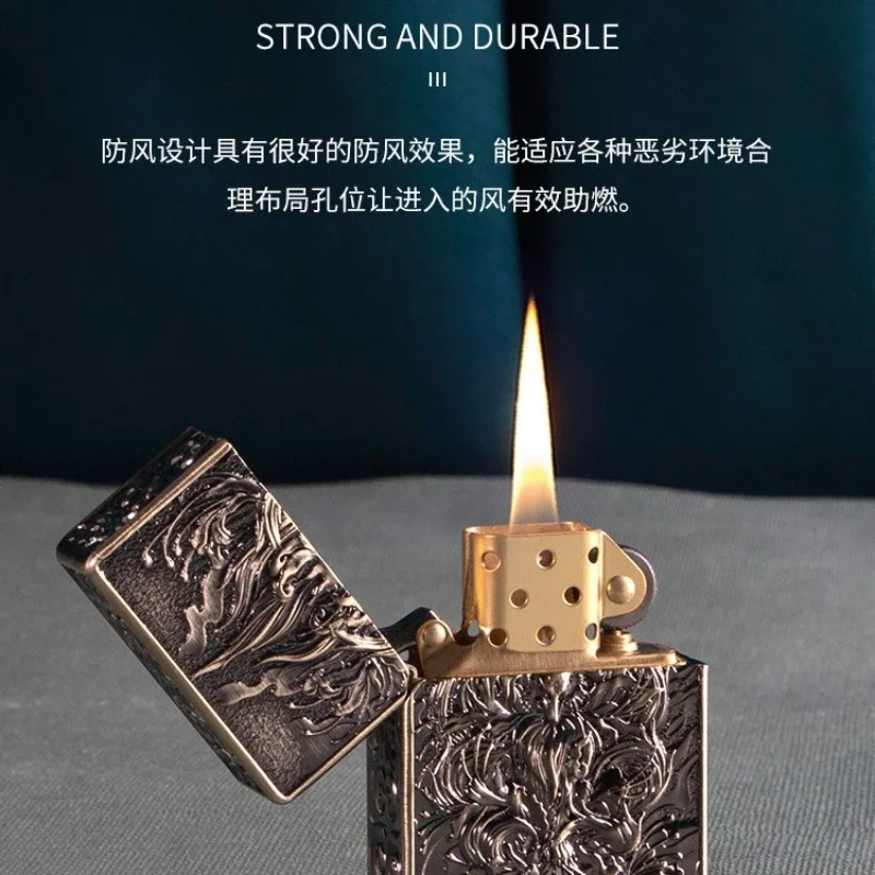 

ZORRO Kerosene Lighter Windproof Retro Pure Copper Armor Engraving Nine-tailed Fox Lighter Dropshipping Smoking Accessories