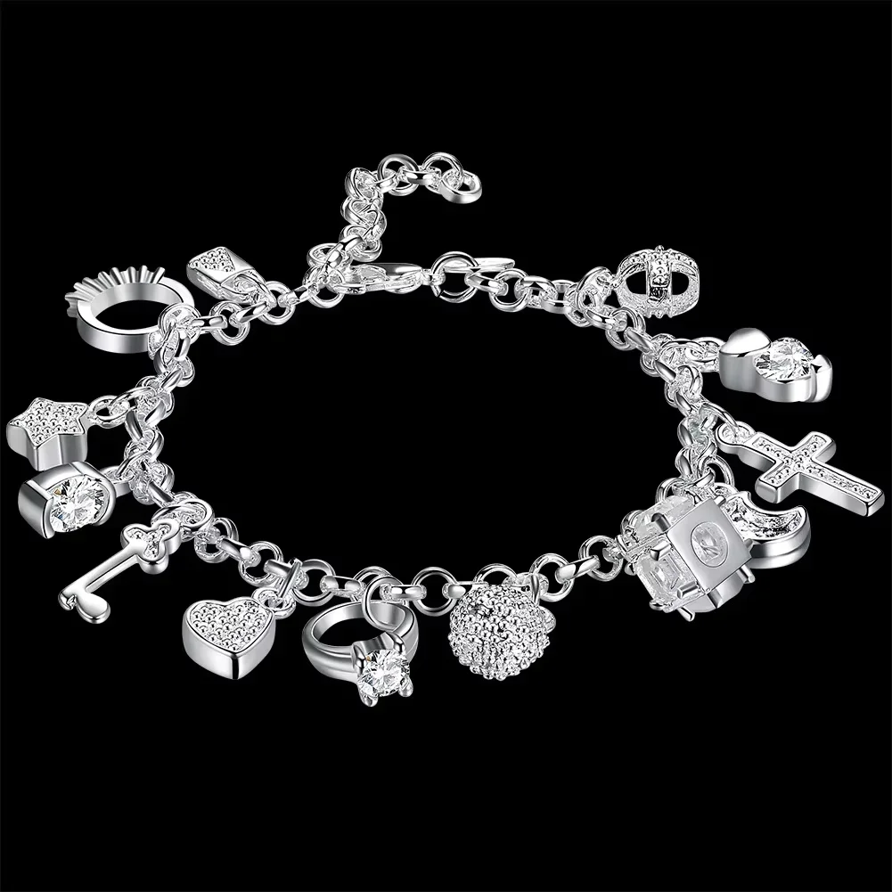 Fashion 925 Sterling Silver Bracelet For Woman Pretty Heart Zircon Pendant Chain Wedding Party Gifts Classic Jewelry 20CM 8inch