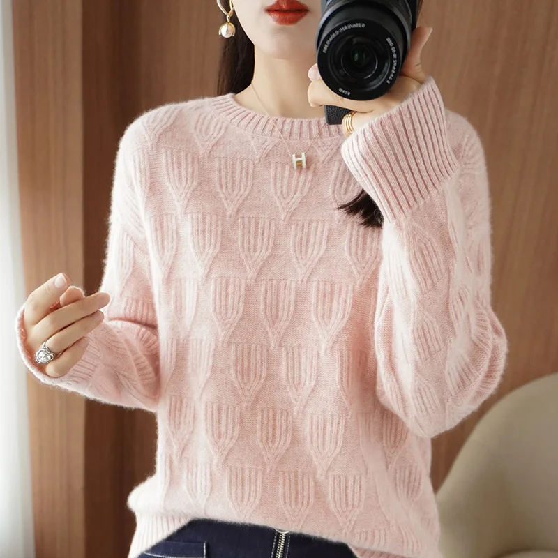 Autumn Winter Pullovers New Round Neck Sweater For Women Jacquard Loose Long Sleeve Top Middle Aged Mother Knitwears Sueter