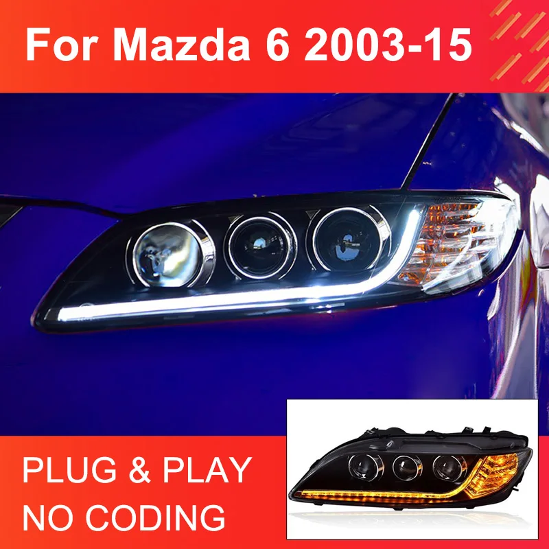 

1 пара светодиодных фар в сборе для Mazda 6 2003-2015, фары Plug and Play с DRL, линза для проектора с динамическим поворотом, головные лампы