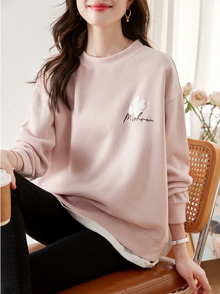 Fashion Pink Sweatshirts Fall Winter O Neck Long Sleeve Loose Casual Streetwear Y2K Printed Tops Pullovers Girls Korean Pulls