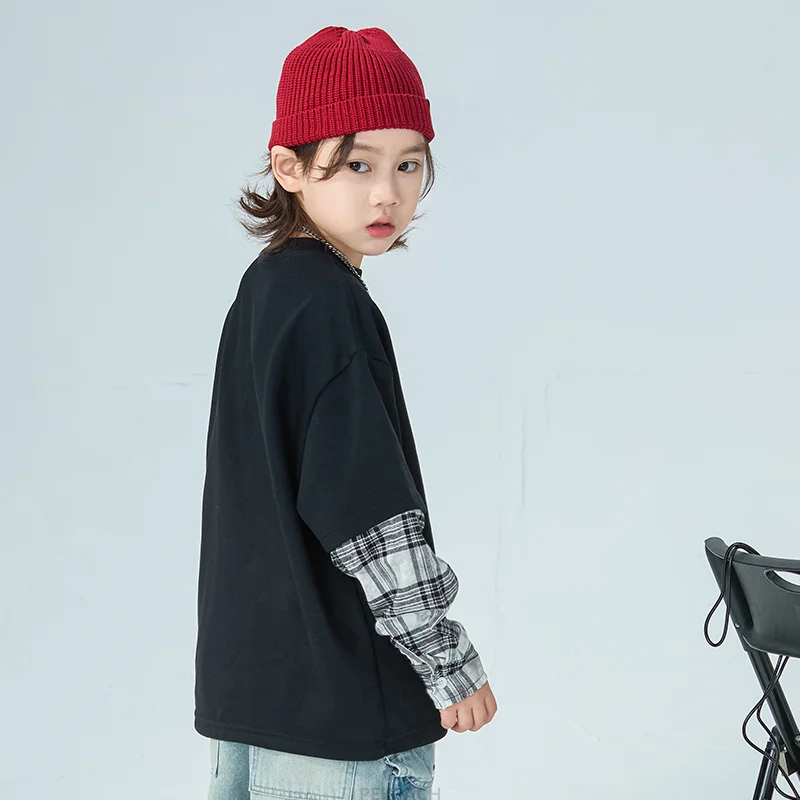 Cool Kids Tops Cotton Sweatshirt Korean Fake 2 Pieces Outerwear Fashion Casual Spring Autumn Big Boy Child Long-Sleeved Clothes
