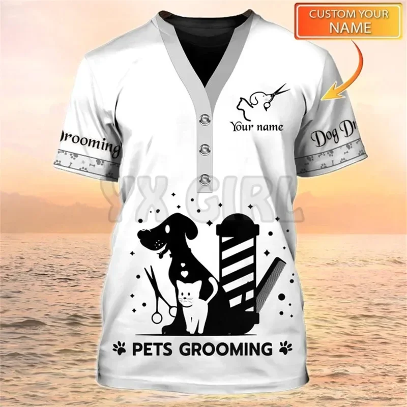 Camisa de aseo para mascotas con nombre personalizado, uniforme de aseo para mascotas, camiseta 3D blanca para salón de mascotas, verano 2024