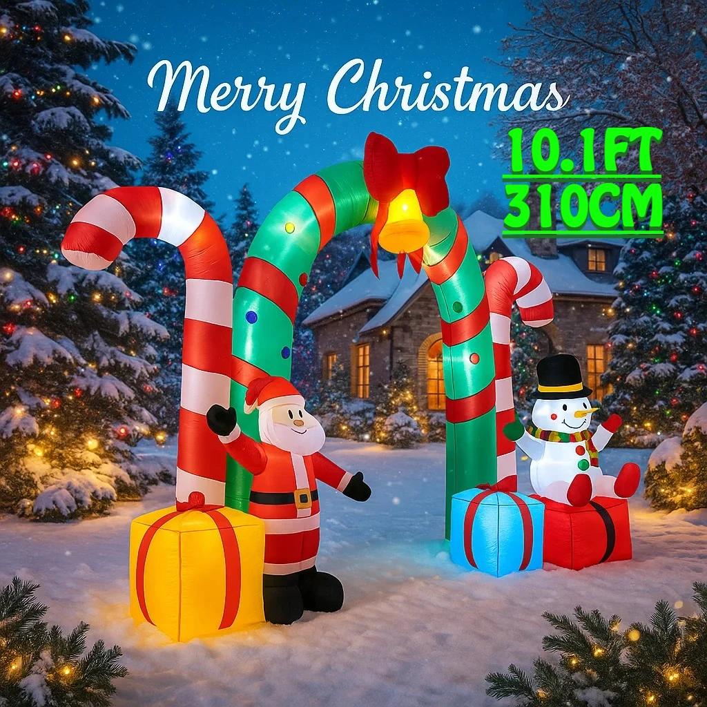 3.1M/10.1FT Santa Claus Snowman Candy Cane Archway Inflatable Model Christmas Decor Lights Outdoor Holiday Decor Yard Party Prop