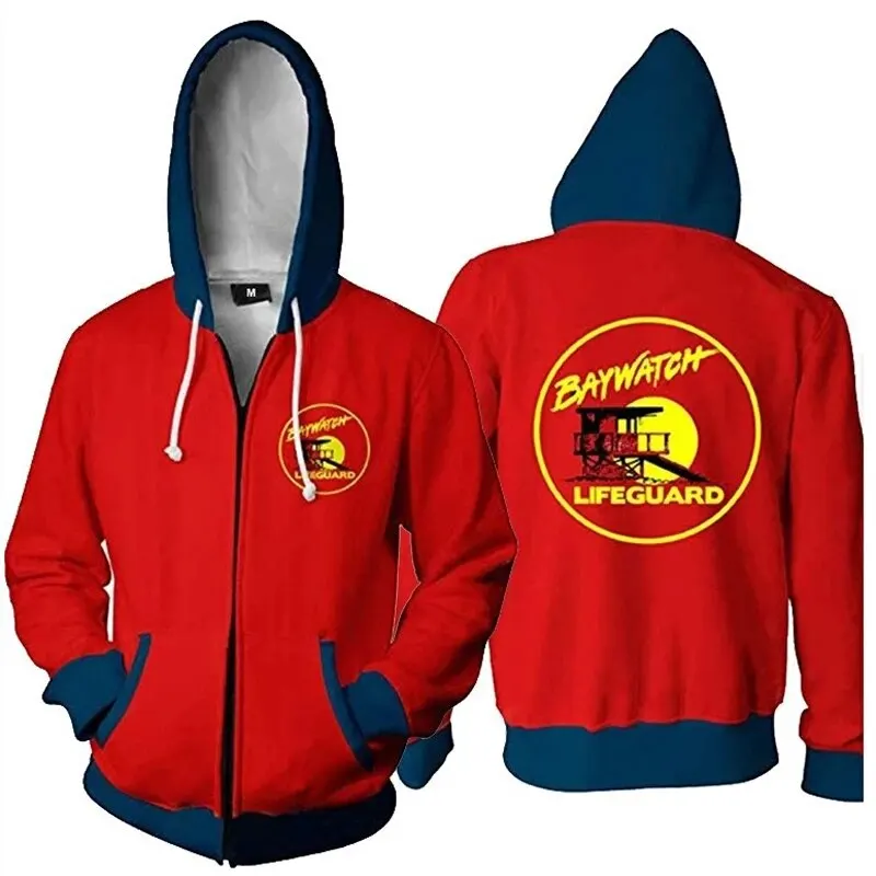 Sweat à capuche imprimé 3D Baywatch pour hommes et femmes, costume de jeu unisexe, tendance de la rue, sweat à capuche zippé fin, grand haut