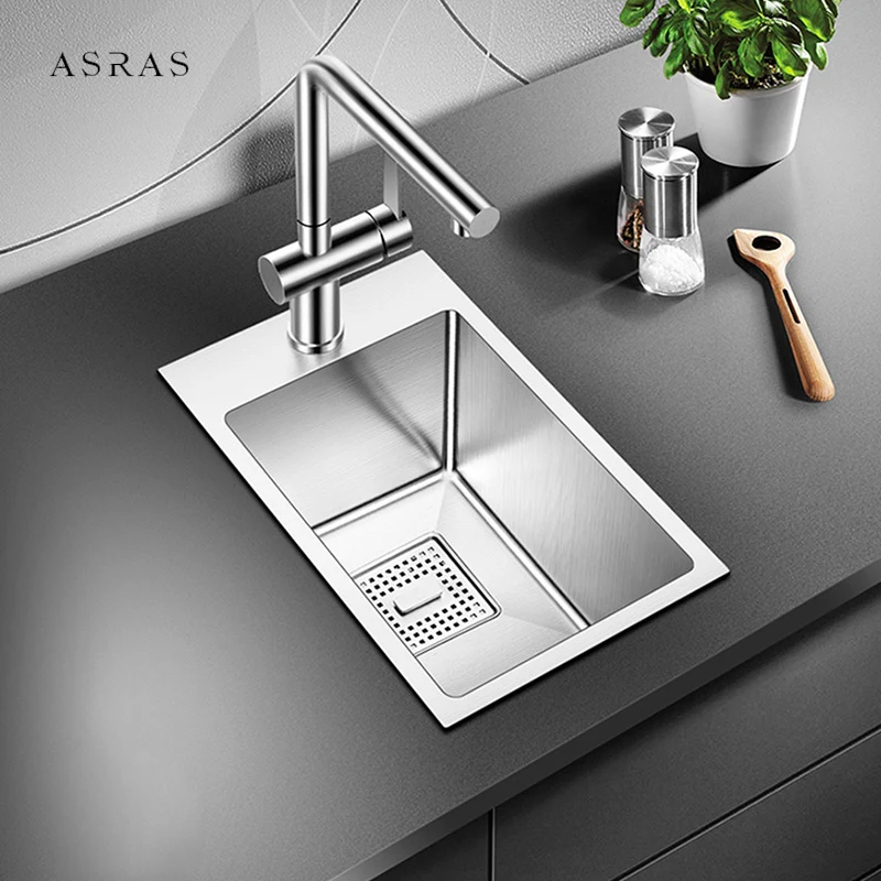 ASRAS 304 Stainless Steel Handmade Brushed Kitchen Sink 220mm Depth Small Size Single Above Mount Bar Counter Kitchen Sink