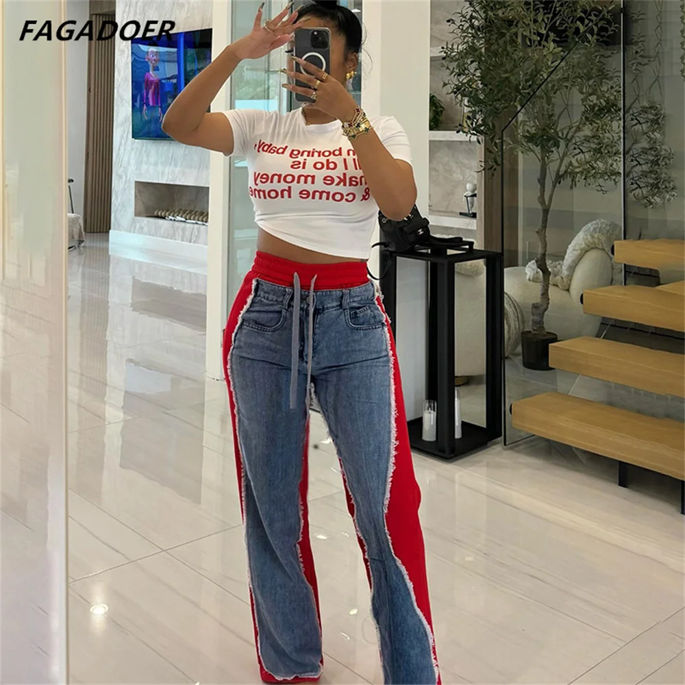 Fagadoer Ins trend ige Denim Patchwork Hosen Frauen hohe Taille Kordel zug Jogging hose Jean Fransen Taschen Mode Streetwear Herbst