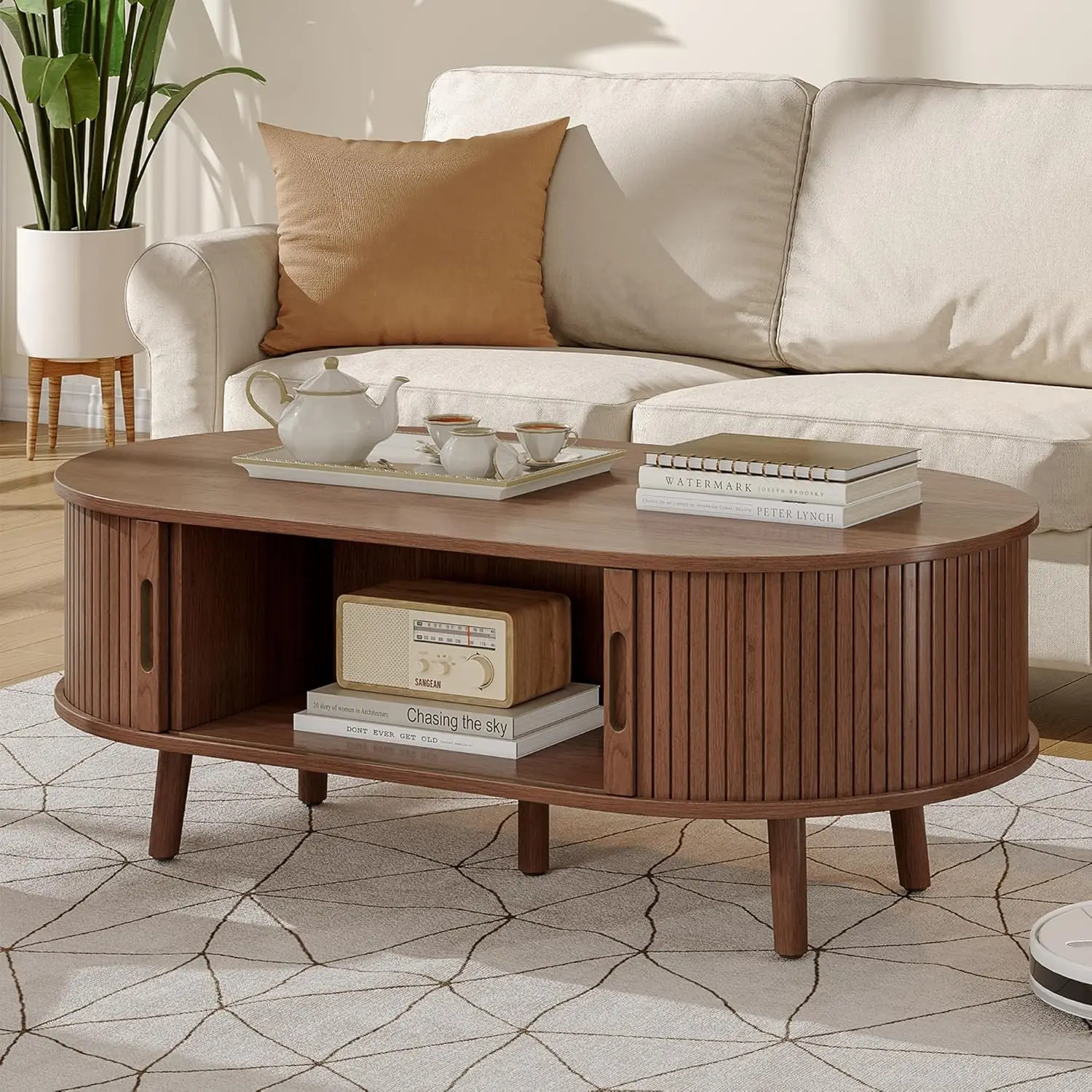 

Oval Coffee Table, Mid Century Modern Coffee Table with Sliding Tambour Door, Fluted Center Table with Hidden Storage,