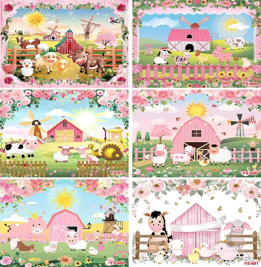 

Cartoon Farm Barn Kids Newborn Birthday Photography Backdrops Wood Fence Baby Shower Photo Background Studio Photocall