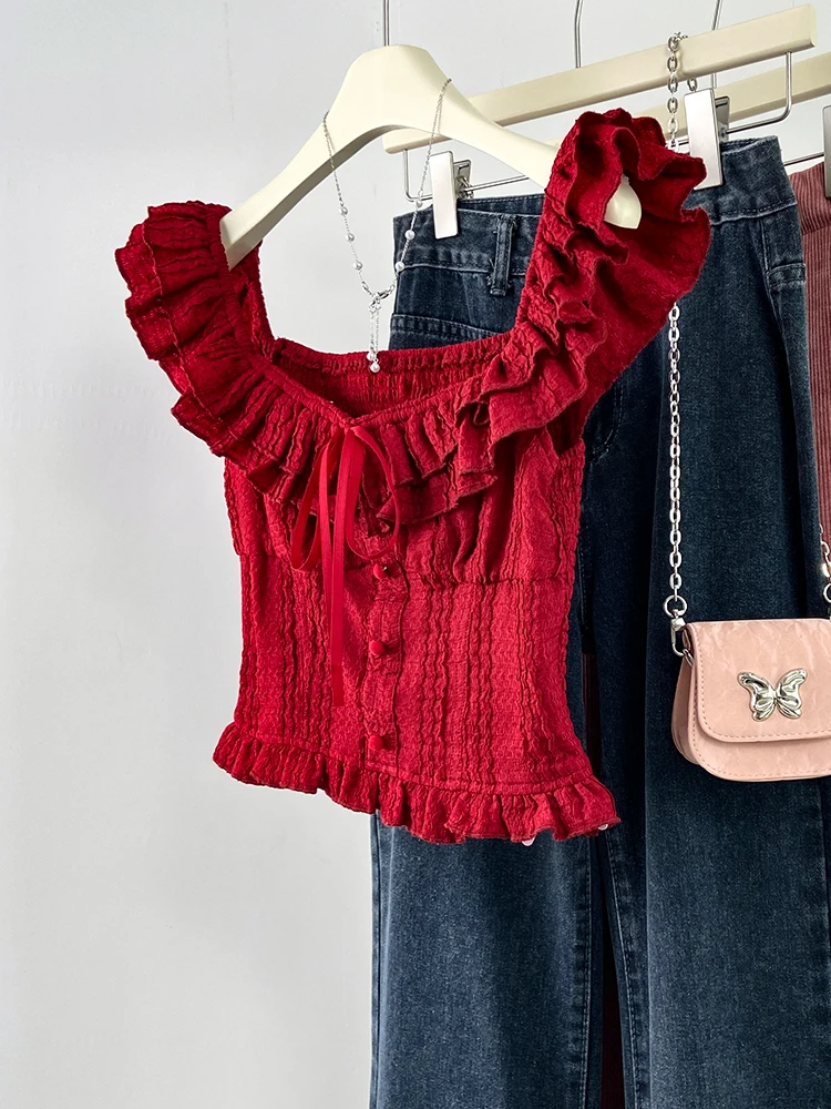 Sweet Sle Gilet con cinturino in pizzo rosso con nodo Slim Fit Svel Summer New Sle INZEVUKA Top casual Faion da donna