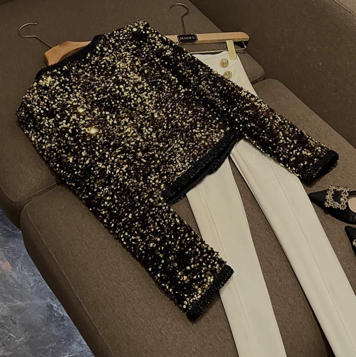 Lady Elegant Style Fall Winter Fine Workmanship Sequins Coat O-neck Long Sleeve Women Jacket