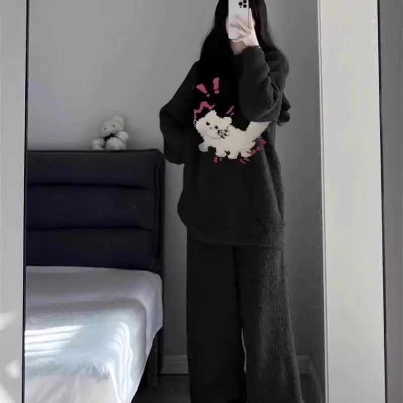 

Autumn Winter Cartoon Women's Pajama Set Keep Warm Pj Flannel Nightwear Half-Pile Homewear Coral Fleece Kawaii Girl Sleepwear