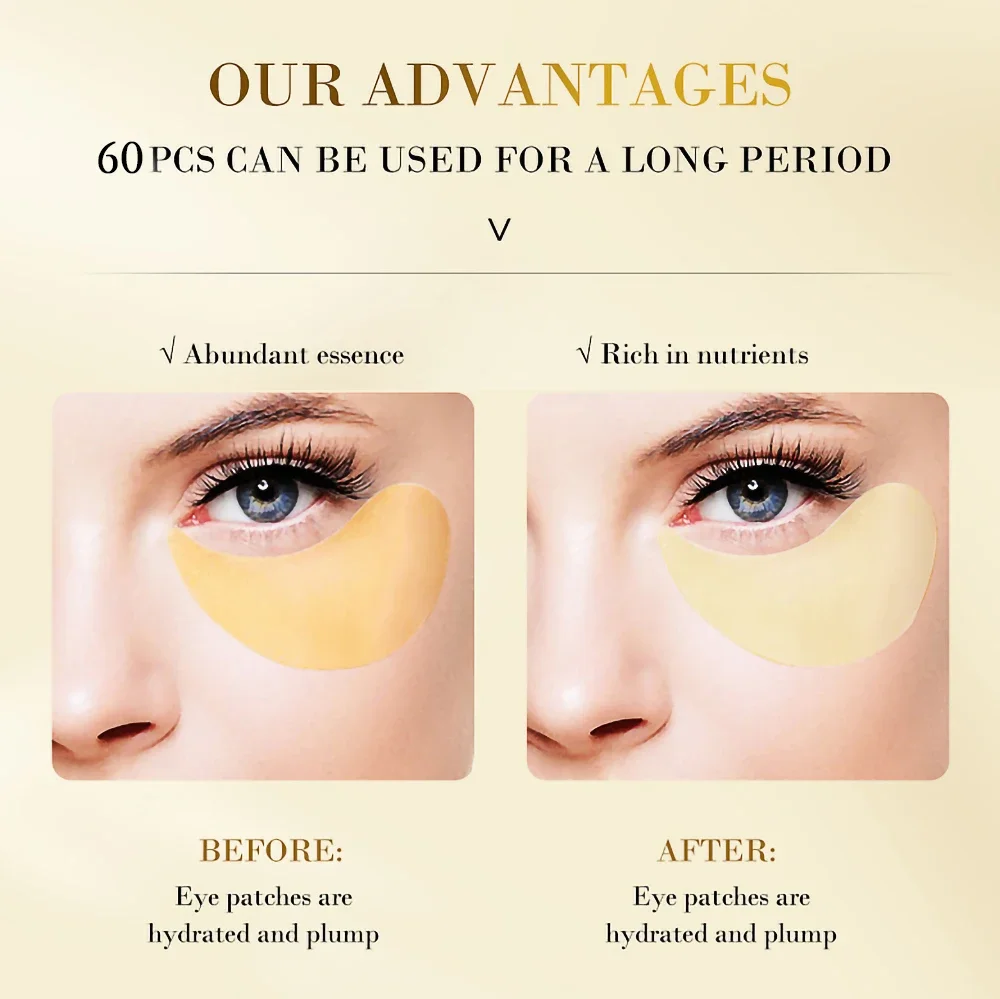 Productos para el cuidado de la piel, mascarilla con ácido hialurónico de oro de 24K, elimina las ojeras, parches de colágeno para los ojos,